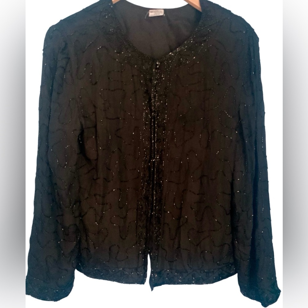 Vintage Black Silk Beaded Long Sleeve Lined Jacket India Size 1X